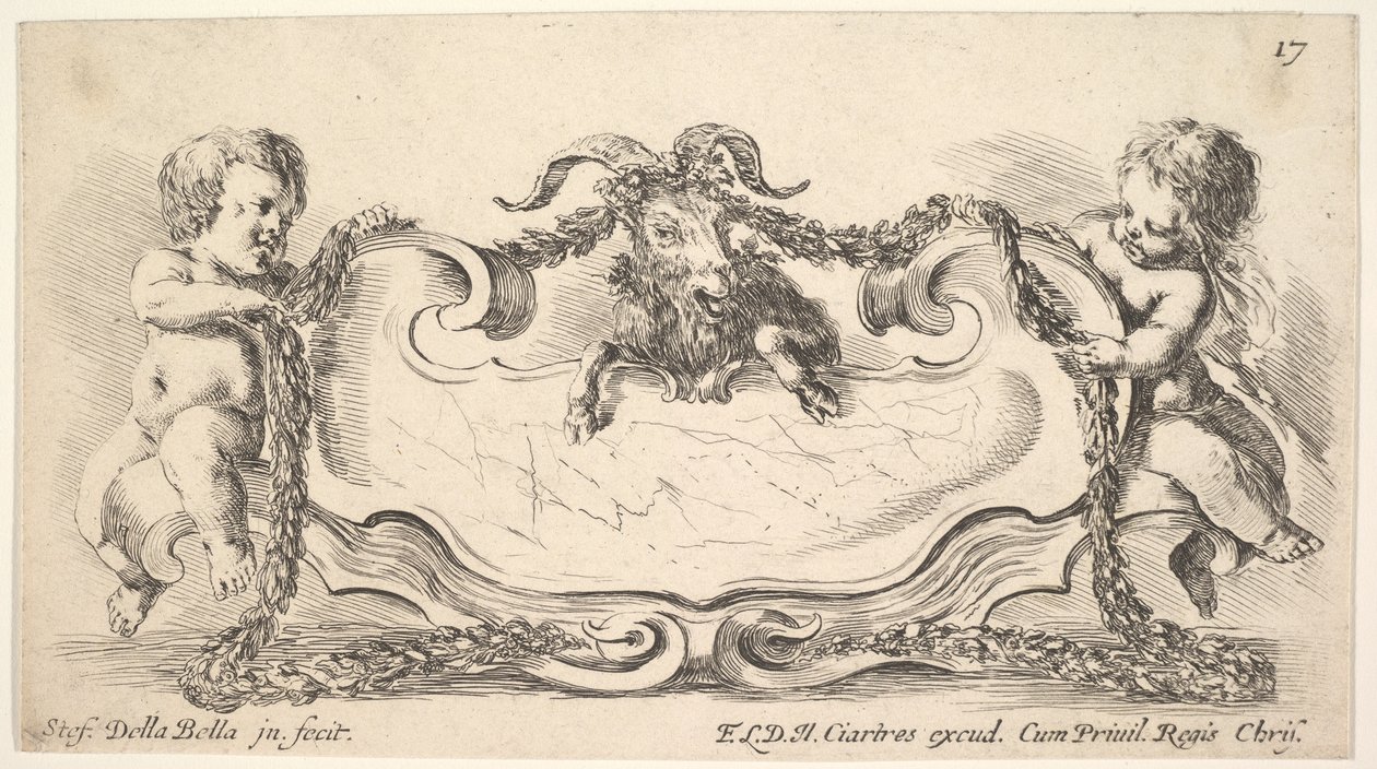 Skylt 17: en kartusch med ett marmorcentrum, ett spädbarn på vardera sidan som håller en girlangove..., 1646. av Stefano della Bella