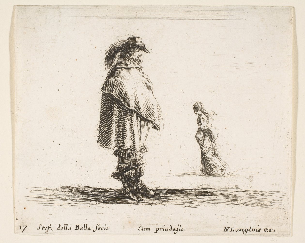 Skylt 17: en man som bär en plymerad hatt i mitten vänd åt höger, en kvinna som går mot..., ca. 1644-47. av Stefano della Bella