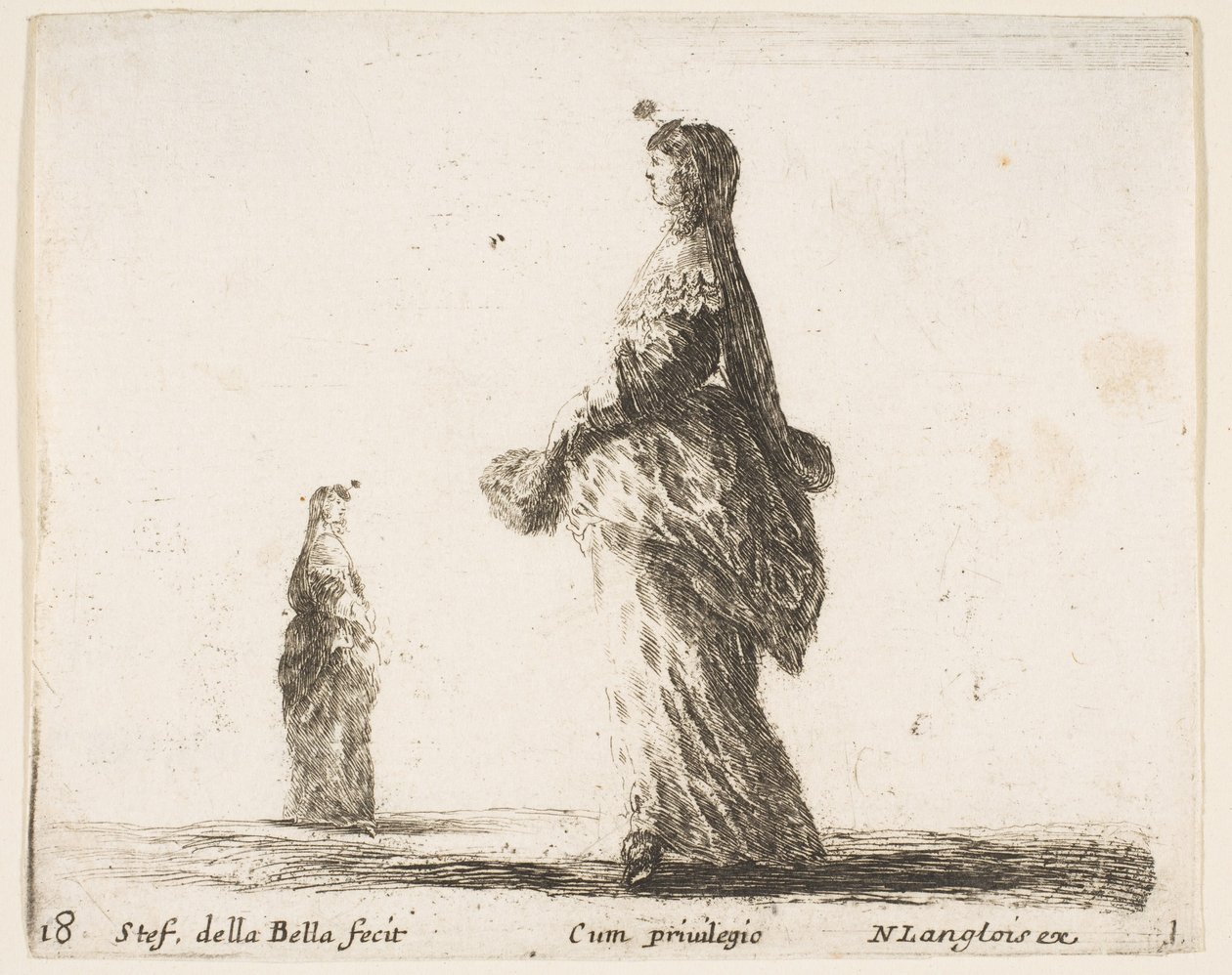 Plåt 18: en adelsdam som går åt vänster med en fjäderfjädrad solfjäder, en annan kvinna..., ca. 1644-47. av Stefano della Bella