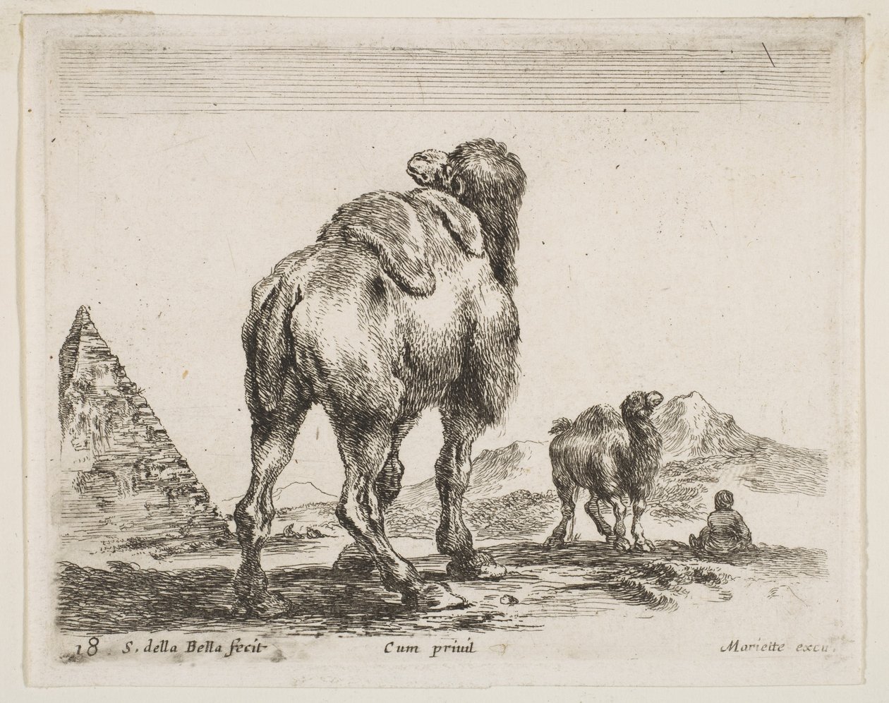 Skylt 18: kamel sedd bakifrån med pyramid till vänster, från Diverse djur Diver..., ca. 1641. av Stefano della Bella