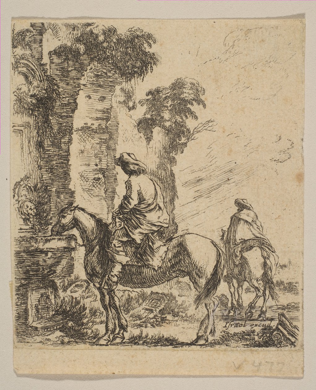 Tavla 19: Landskap med en kavaljer som vattnar sin häst vid en fontän, från olika fi..., ca. 1646. av Stefano della Bella