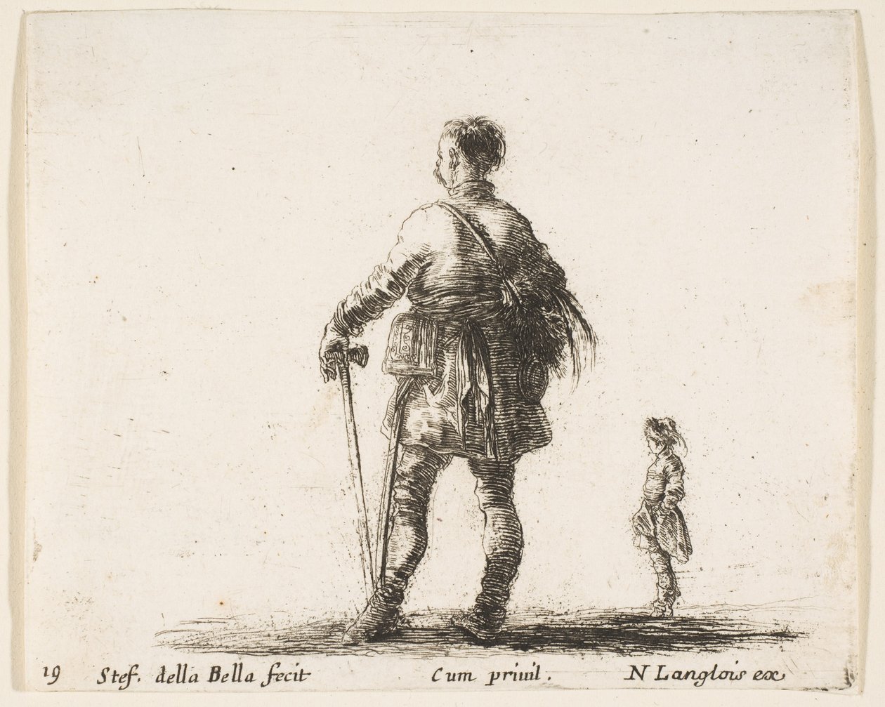Tavla 19: en polsk adelsman i hovdräkt, stående i mitten, sedd bakifrån, en..., ca. 1644-47. av Stefano della Bella