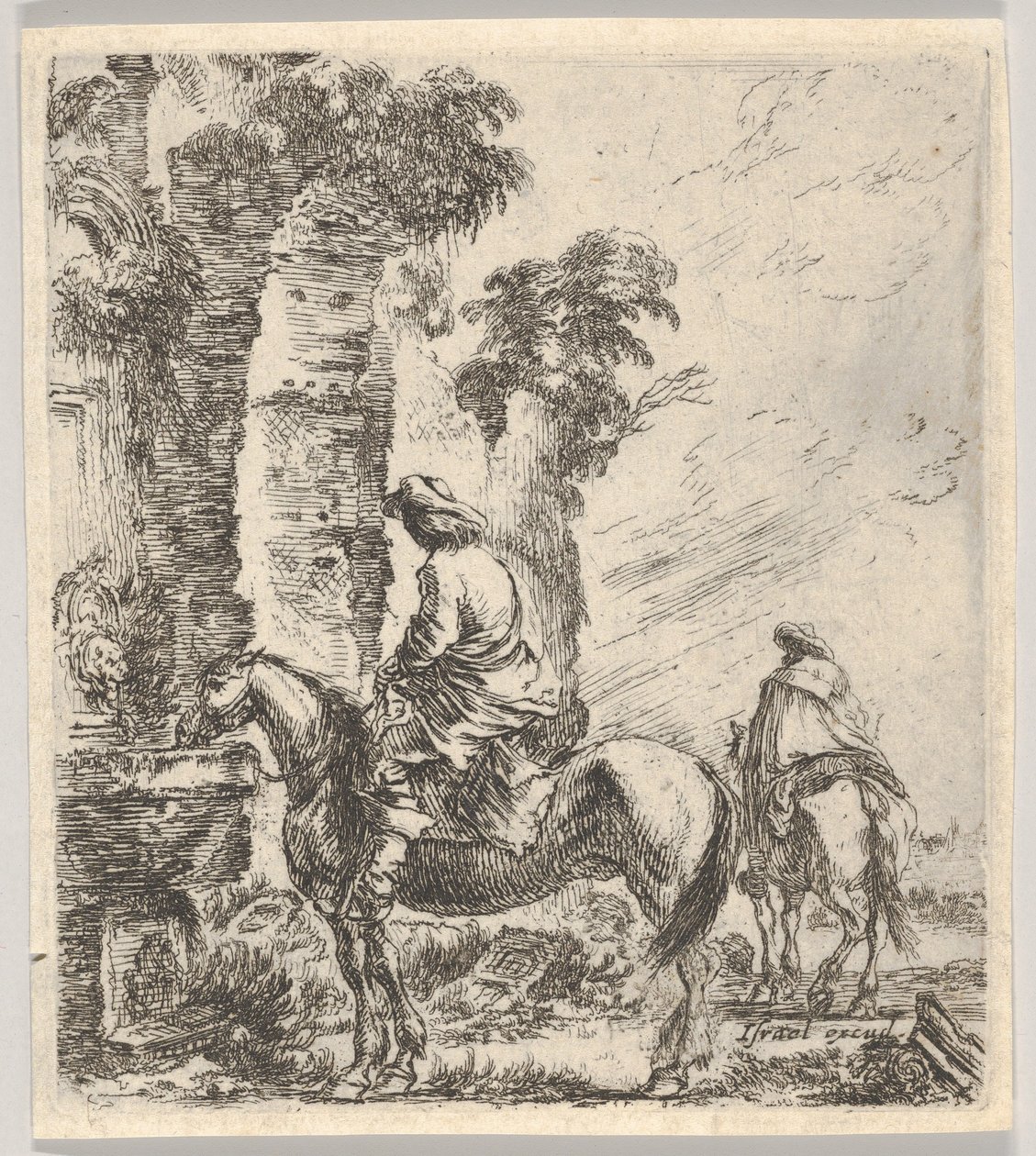 Plåt 19: en ryttare som får sin häst att dricka från en bassäng med en fontän till vänster, en annan h..., ca. 1646. av Stefano della Bella