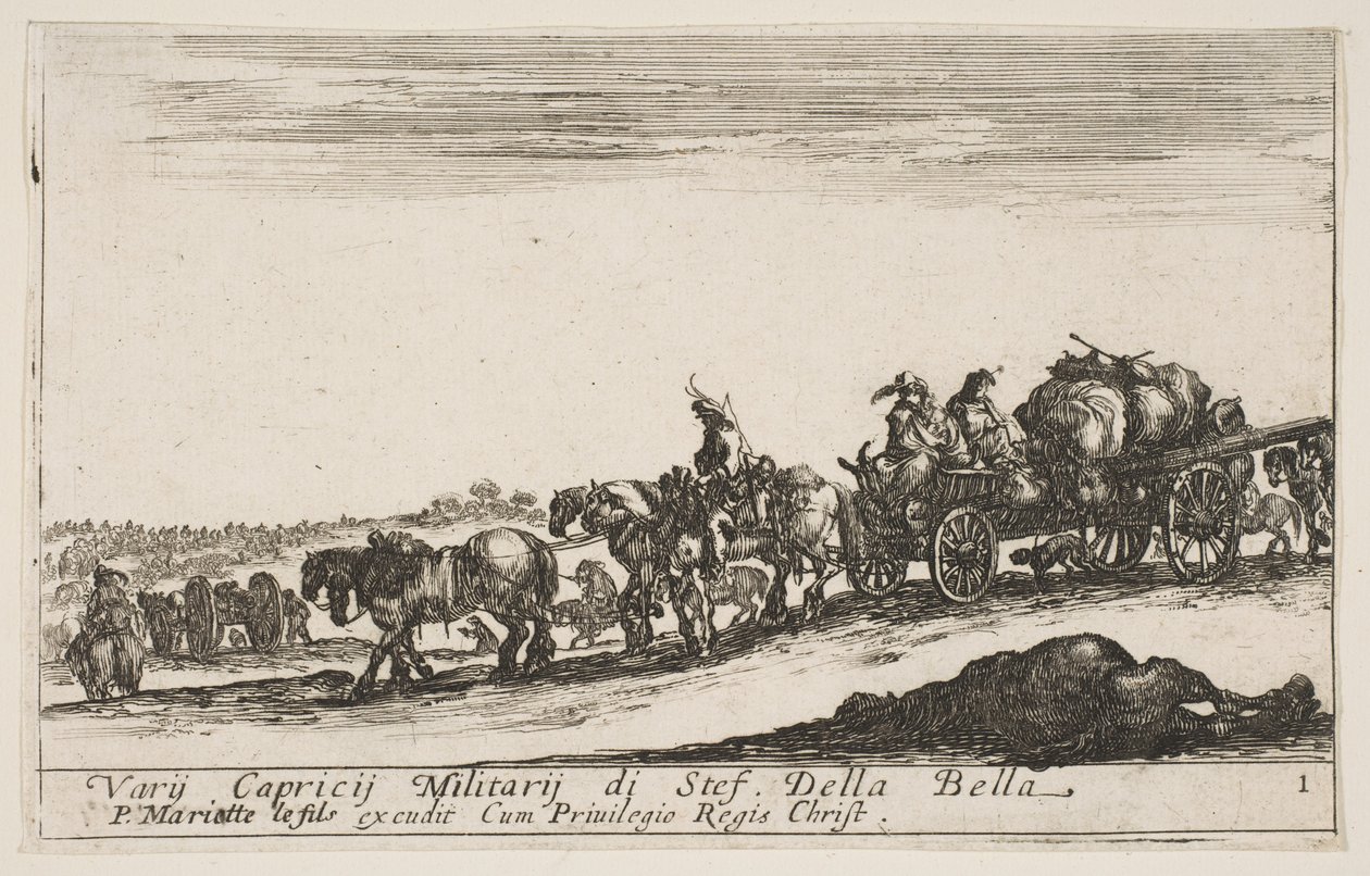 Plåt 1: En hästdragen vagn som transporterar människor och varor, död häst i förgrunden, f..., ca. 1641. av Stefano della Bella