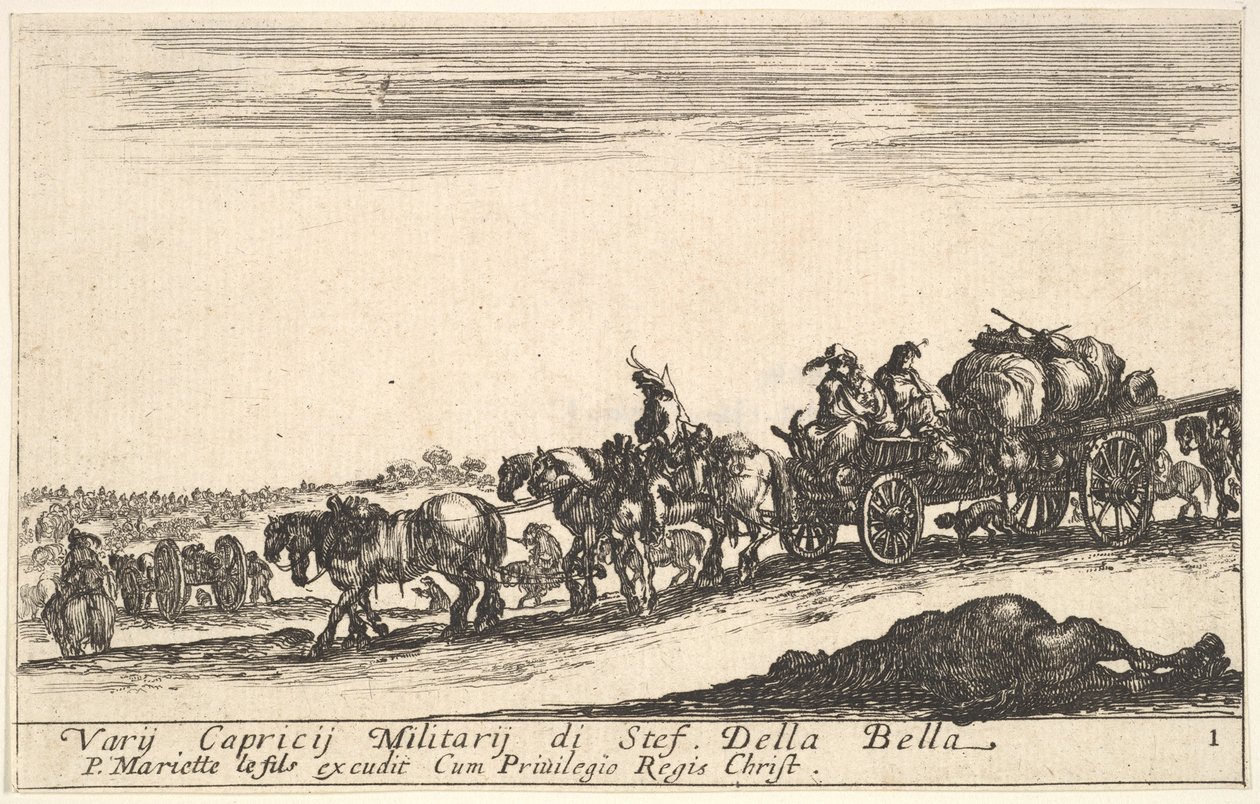Plåt 1: En hästdragen vagn som transporterar människor och varor, död häst i förgrunden, f..., ca. 1641. av Stefano della Bella