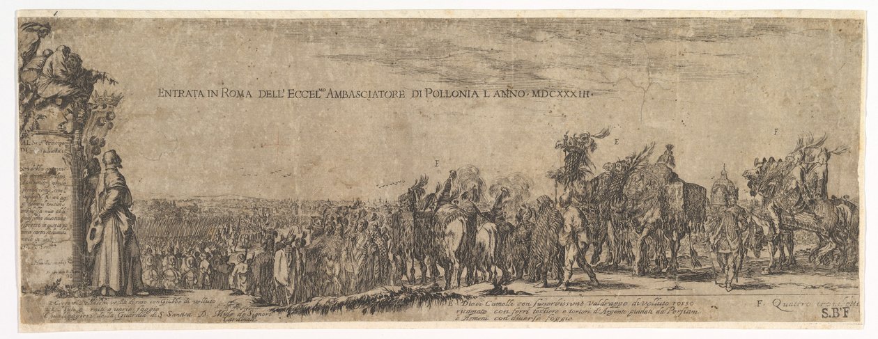Plåt 1: Den polska ambassadörens inträde i Rom, Medicis vapen till vänster, 1633. av Stefano della Bella