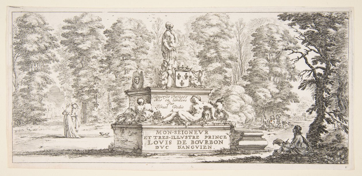 Plåt 1: ett monument med statyer och ett vapen i mitten, en ritare på..., ca. 1643. av Stefano della Bella