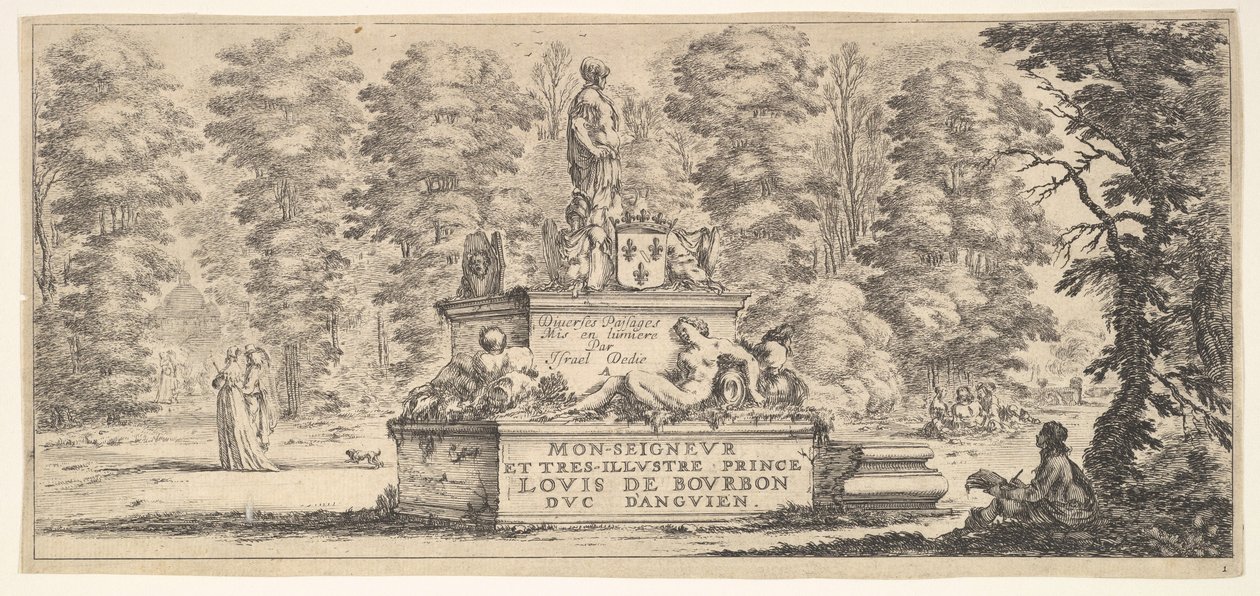 Plåt 1: ett monument med statyer och ett vapen i mitten, en ritare på..., ca. 1641. av Stefano della Bella