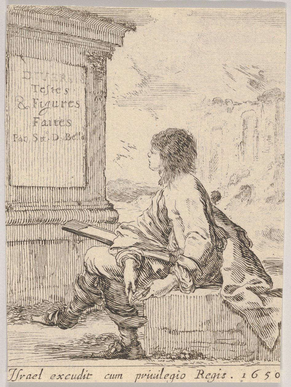 Tavla 1: en ung man som sitter på en sten, vänd åt vänster i profil, med ett ritblock i ..., 1650. av Stefano della Bella