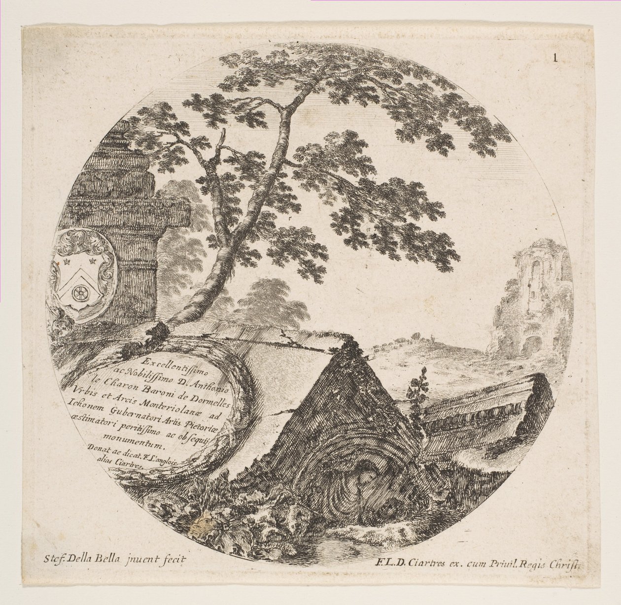 Plåt 1: fragment från fornminnen, från romerska landskap och ruiner Paysages..., ca. 1646. av Stefano della Bella