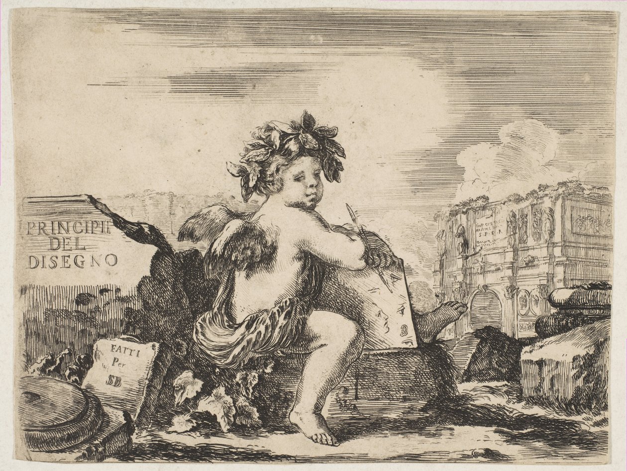 Tavla 1: ritningens geni, ett barn med vingar, sittande på en sten i mittsvängen..., ca. 1641-43. av Stefano della Bella