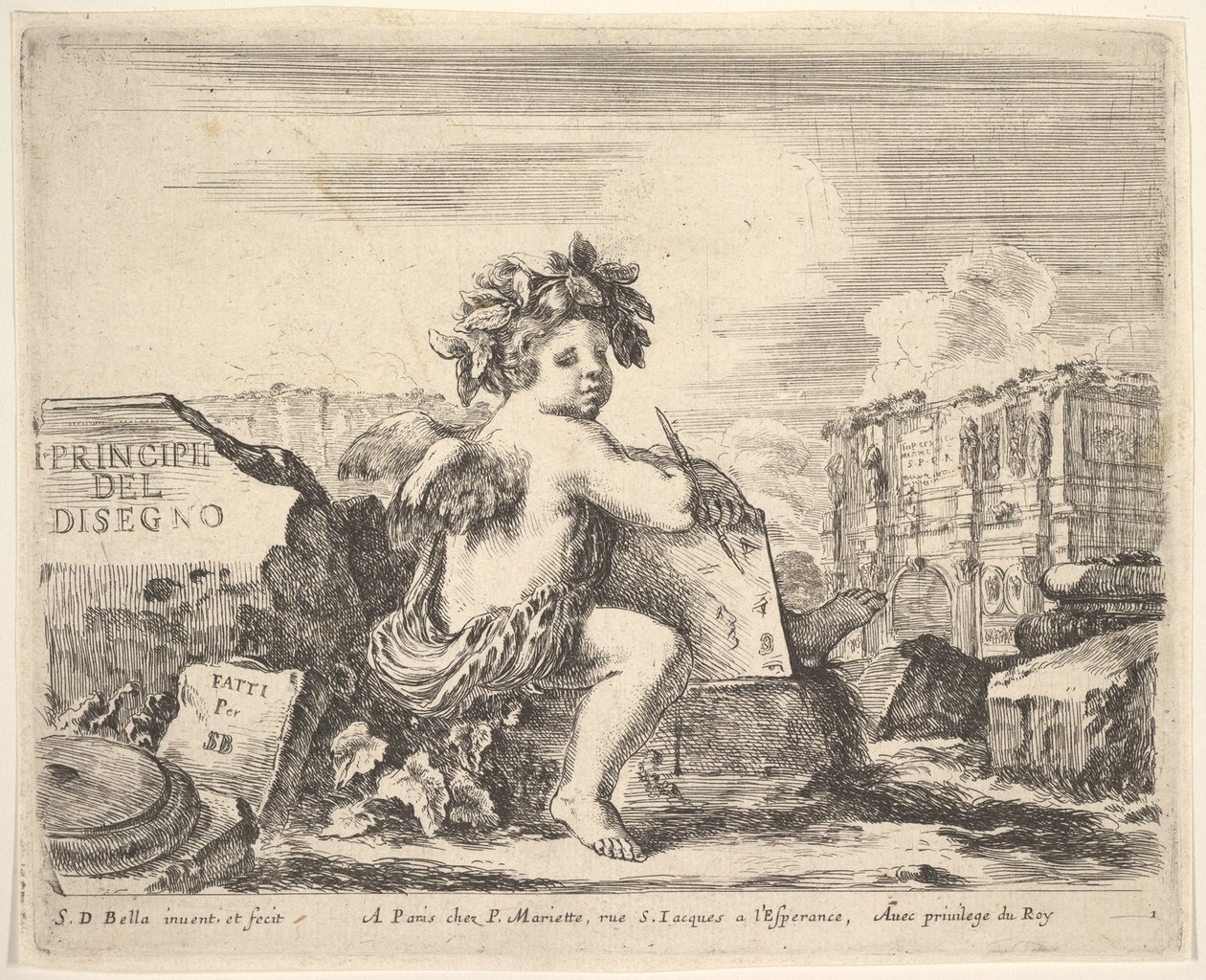 Tavla 1: ritningens geni, ett barn med vingar, sittande på en sten i mitten vänd ..., ca. 1641. av Stefano della Bella