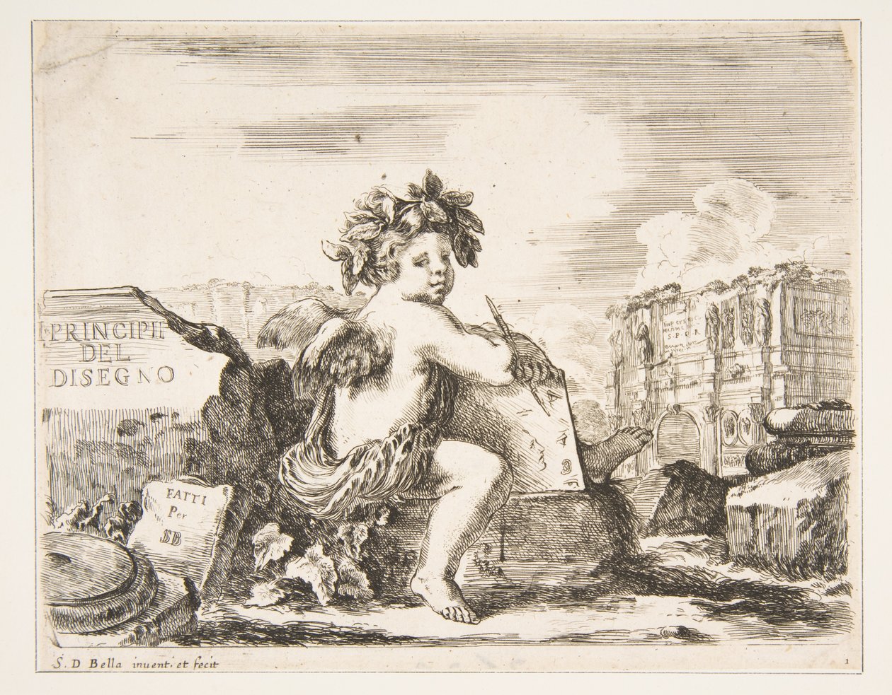 Tavla 1: ritningens geni, ett barn med vingar, sittande på en sten i mittsvängen..., ca. 1641-43. av Stefano della Bella