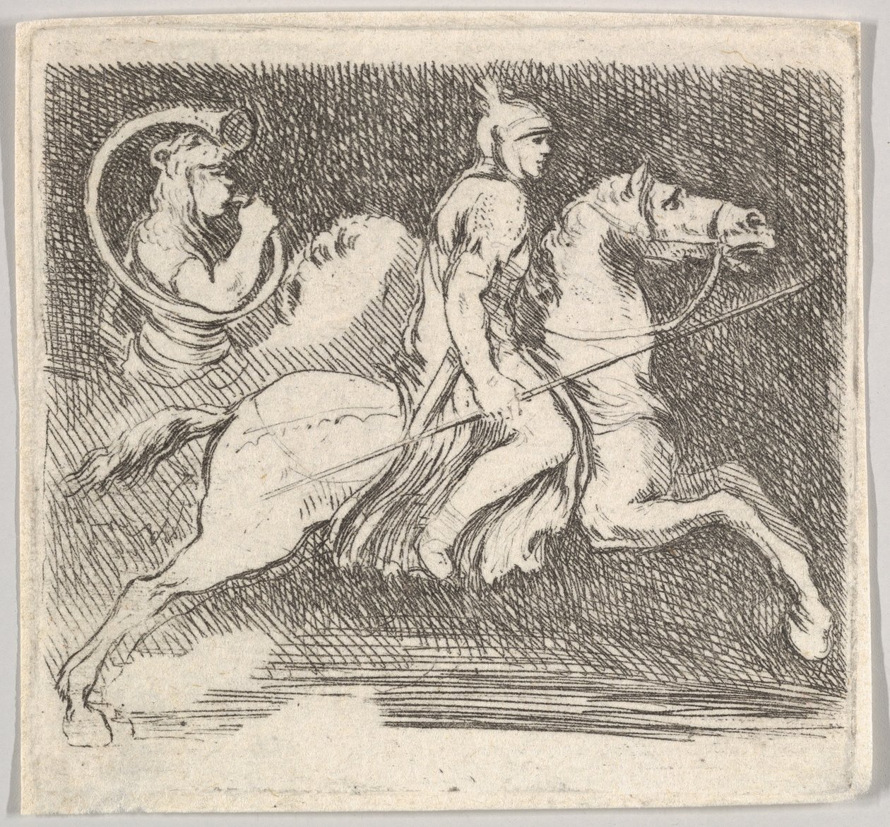 Plåt 20: en soldat i profil galopperande åt höger med en lans i höger hand..., ca. 1646. av Stefano della Bella