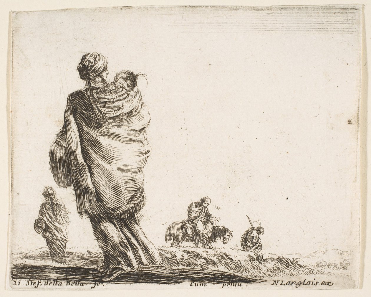 Plåt 21: en stackars kvinna till vänster, sedd bakifrån, sveper in sitt barn i en sjal..., ca. 1644-47. av Stefano della Bella