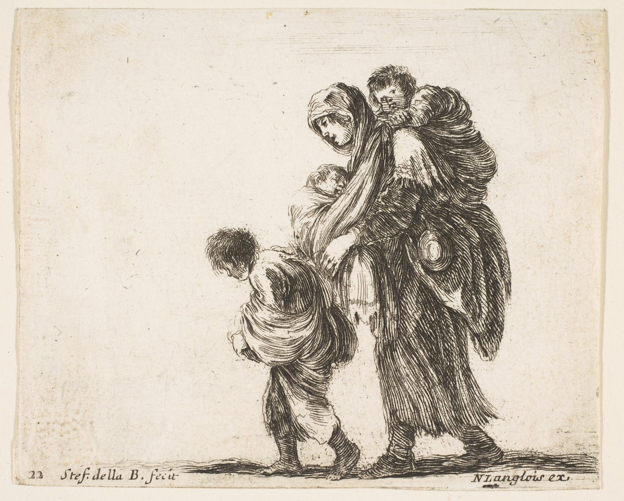 Plåt 22: en tiggarkvinna med tre barn, ett barn på axlarna, ett barn..., ca. 1644-47. av Stefano della Bella