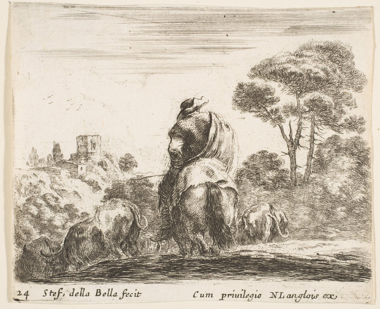 Plåt 24: herde på en häst, sedd bakifrån, leder sin boskap nerför en kulle, en ..., ca. 1644-47. av Stefano della Bella