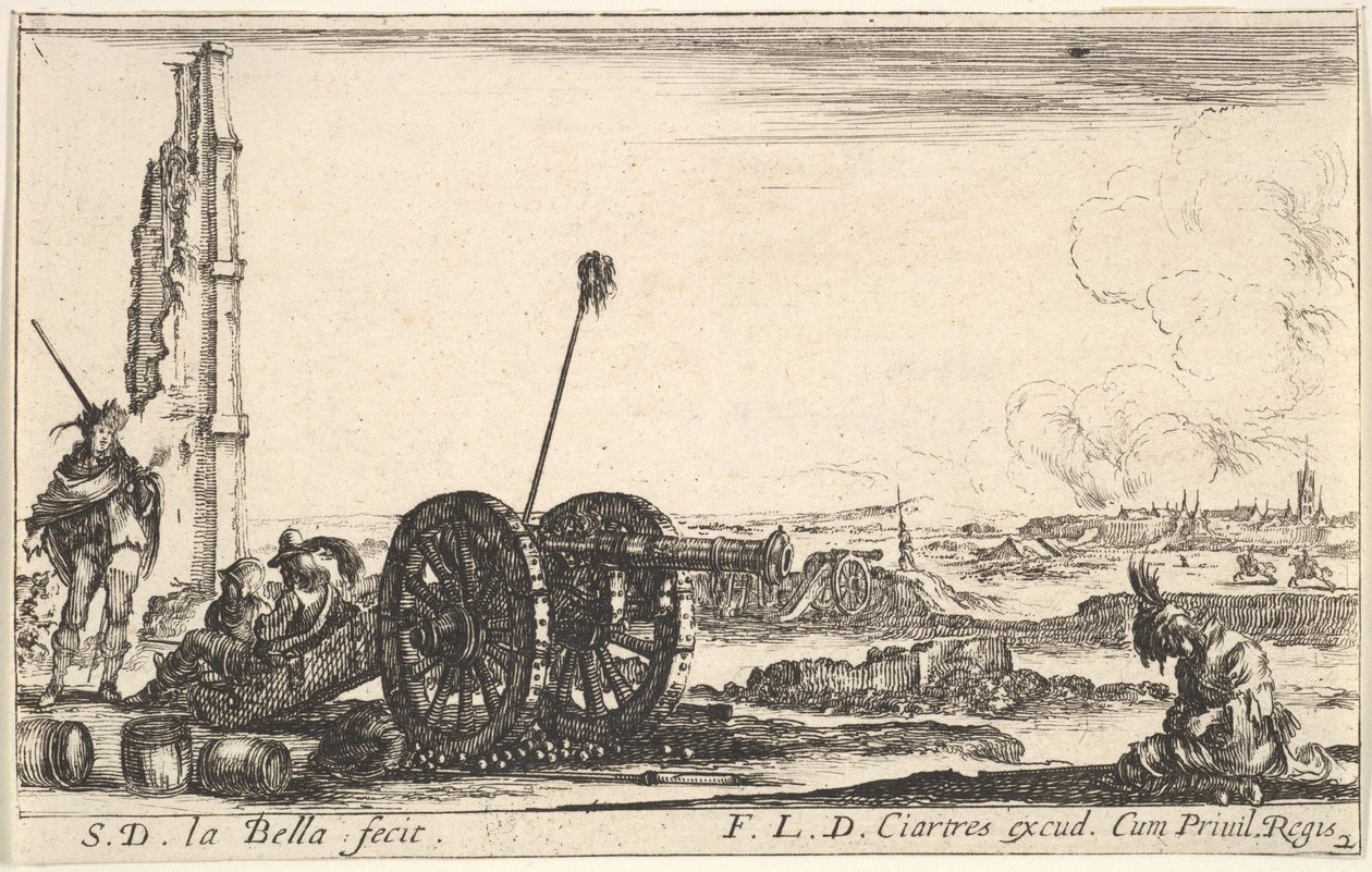 Plåt 2: En kanon till vänster, en stad i bakgrunden, från Various Military Capric..., ca. 1641. av Stefano della Bella