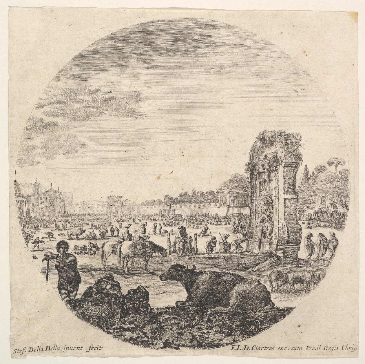 Plåt 2: Campo Vaccino, en buffel och två herdar i mitten, Fontanone att rigga..., ca. 1643-48. av Stefano della Bella