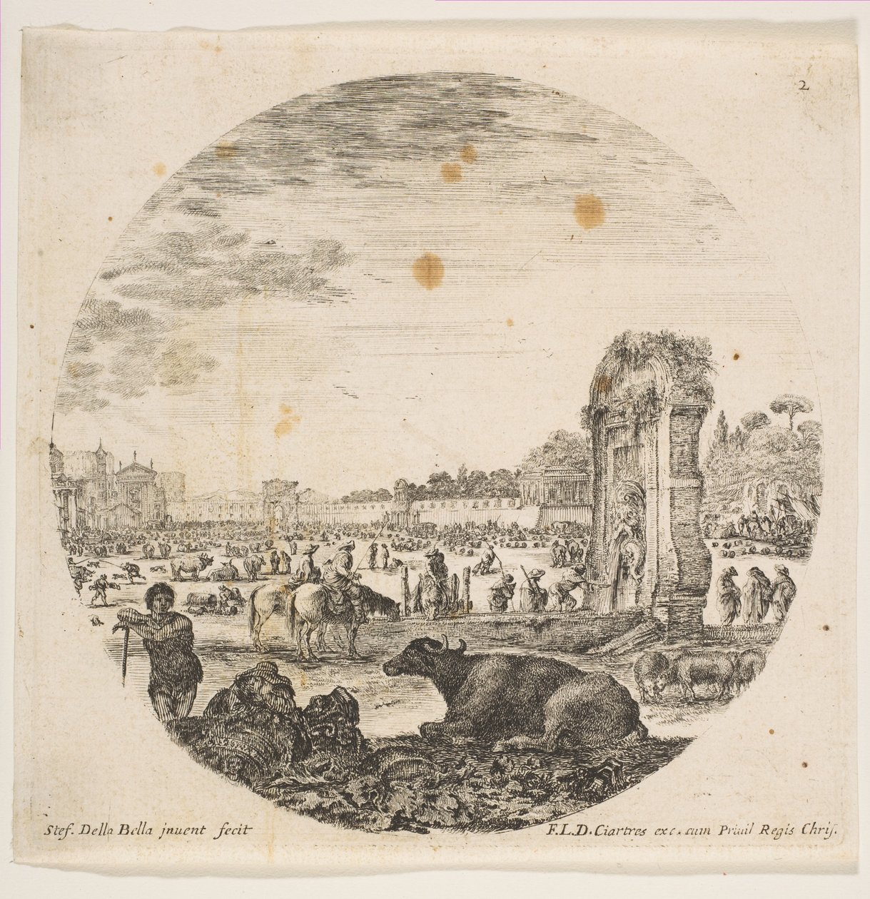 Skylt 2: Campo Vaccino, en buffel och två herdar i mitten, Fontanone till höger ..., ca. 1646. av Stefano della Bella