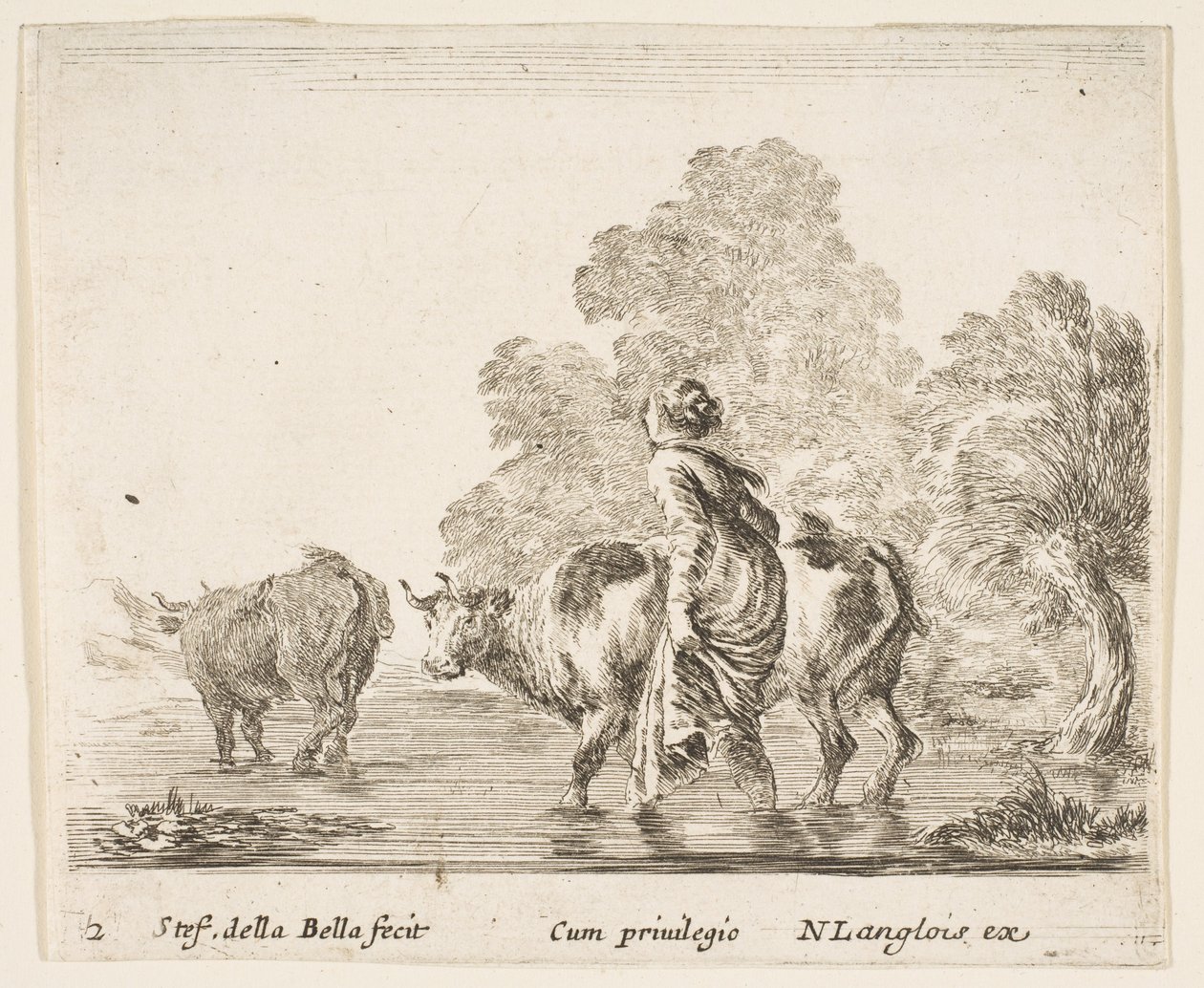 Tavla 2: en bondkvinna vallar två kor över en bäck och går åt vänster..., ca. 1644-47. av Stefano della Bella