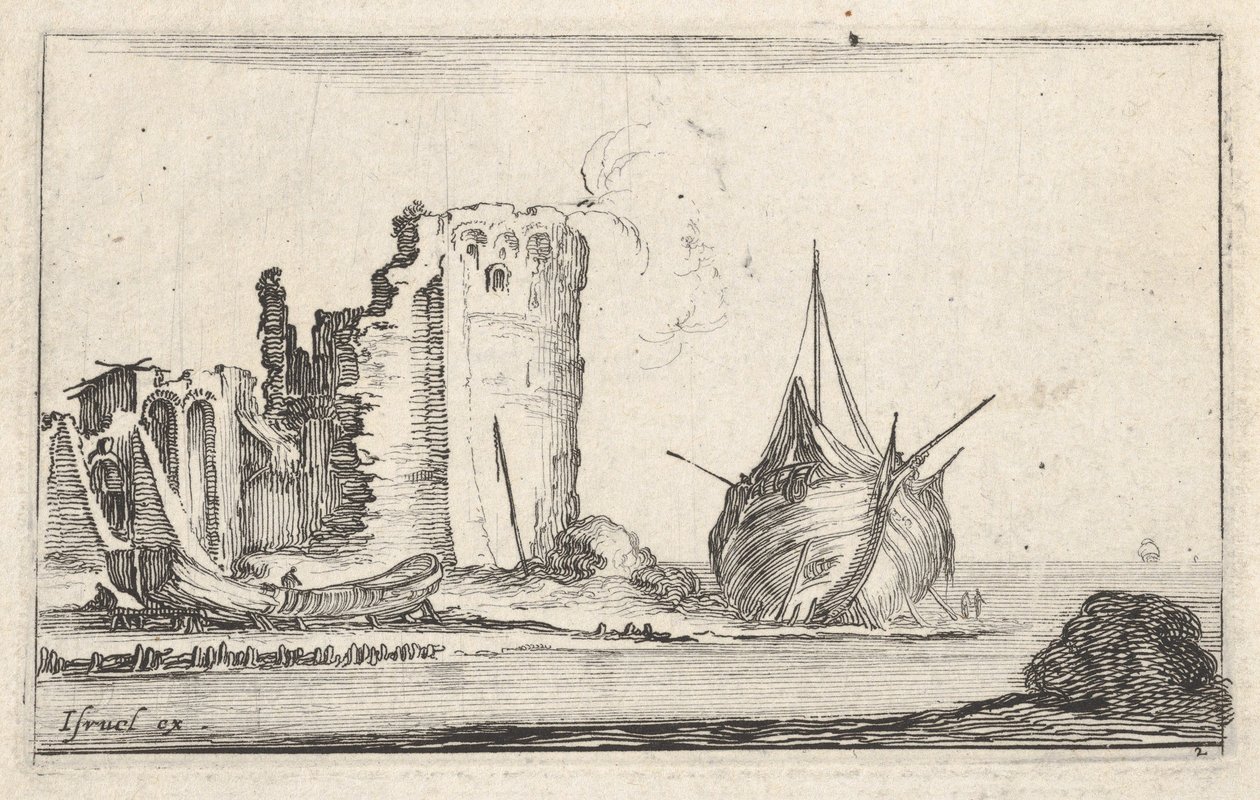 Plåt 2: ett fartyg till höger och en roddbåt till vänster, uppspolad på stranden, ett torn i ruiner b..., ca. 1642. av Stefano della Bella