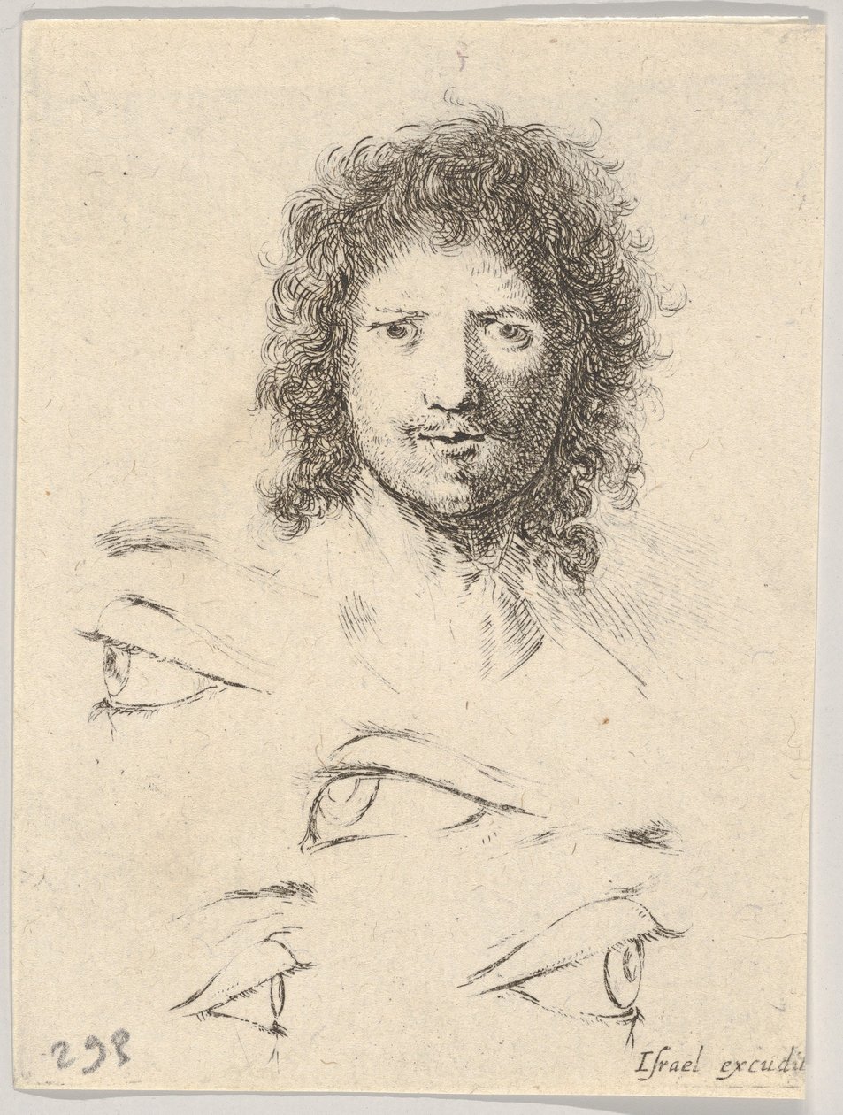 Plåt 2: upptill, huvudet på en ung man, framifrån, nedtill, fyra ögon, från Th..., ca. 1649. av Stefano della Bella