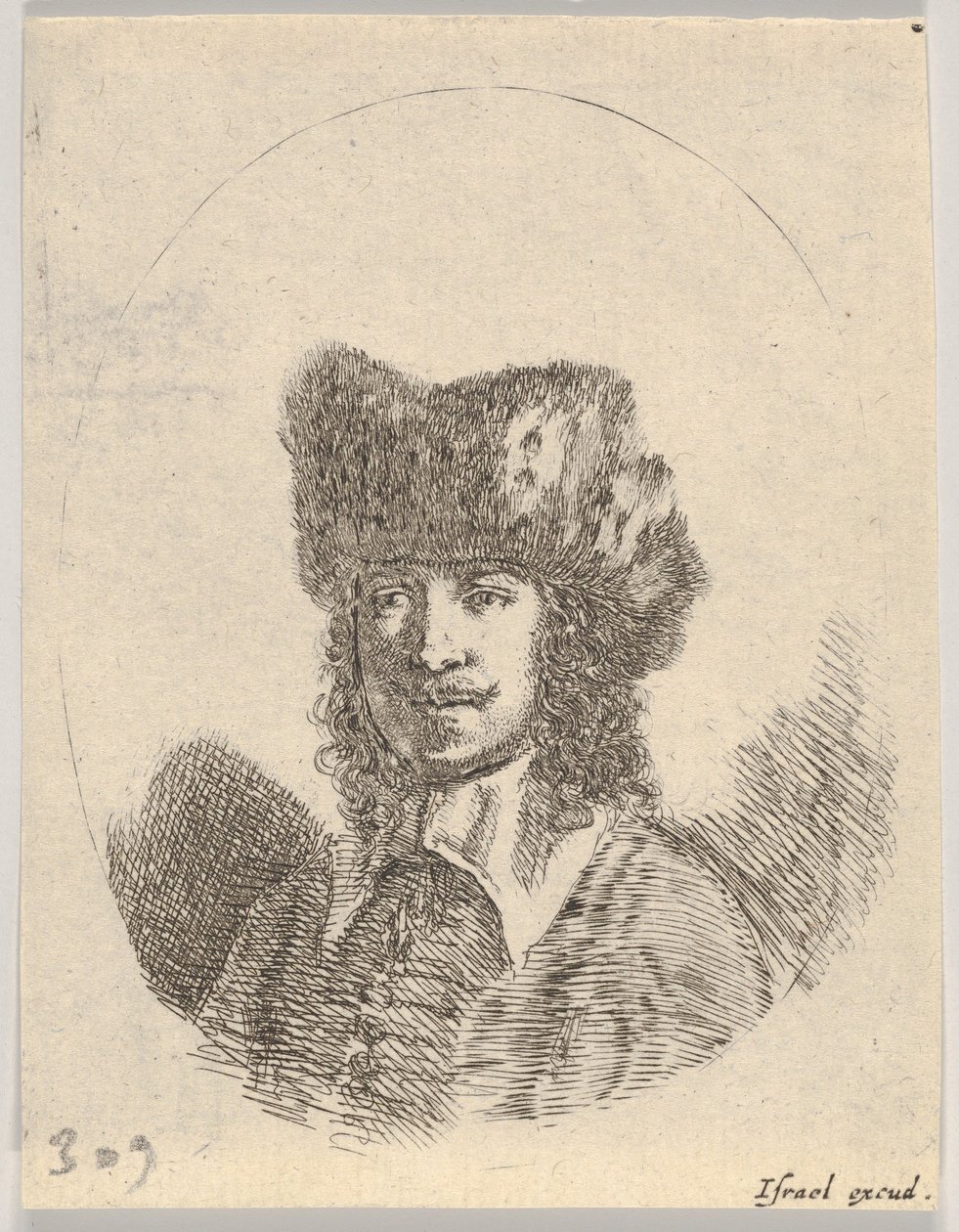 Plåt 2: huvudet på en man med mustasch och pälsmössa vänd åt vänster, en oval sammansättning, från..., 1650. av Stefano della Bella