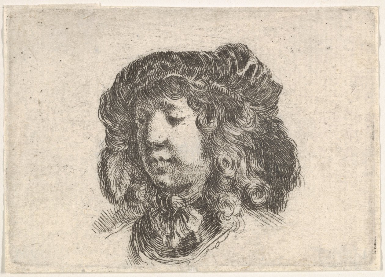 Tavla 34: huvudet på en ung man i en mössa prydd med några fjädrar, vände tre kvarts..., ca. 1646. av Stefano della Bella