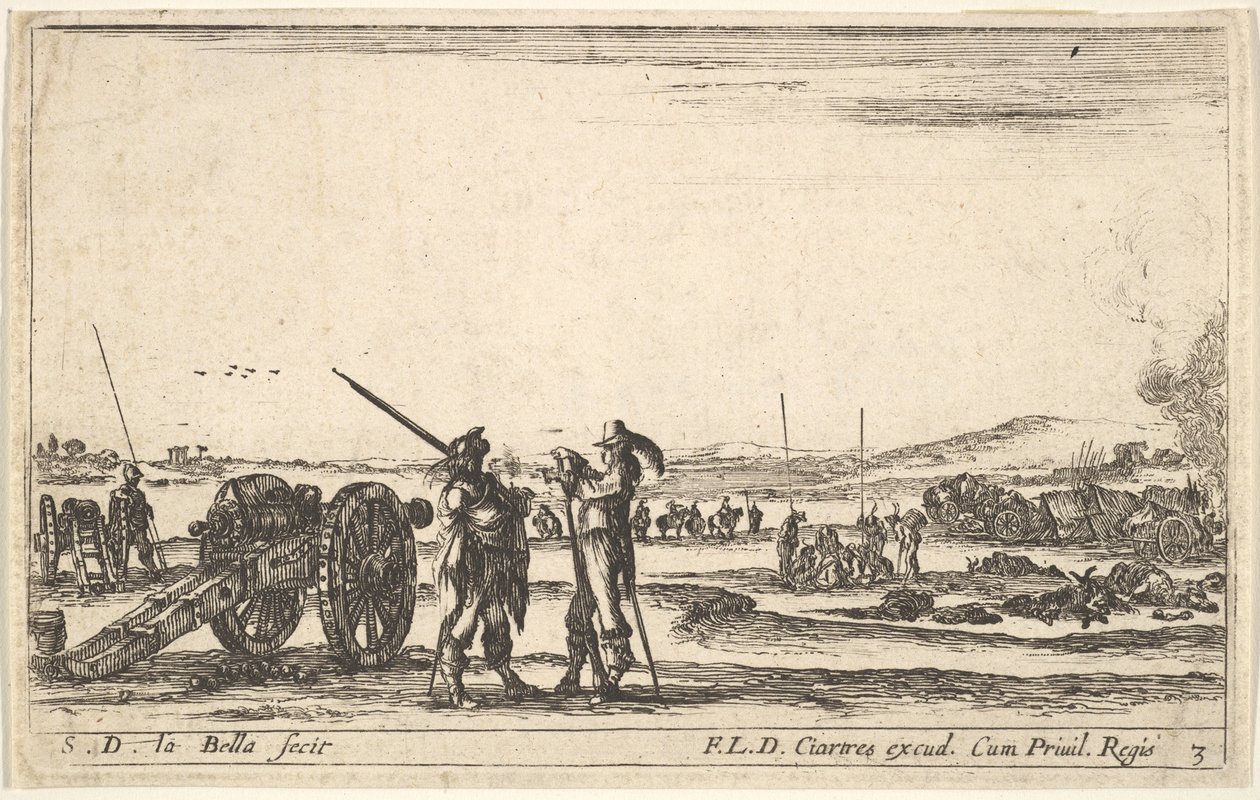 Skylt 3: En officer som ger order till en soldat i mitten av förgrunden, kanon till vänster, av..., ca. 1641. av Stefano della Bella