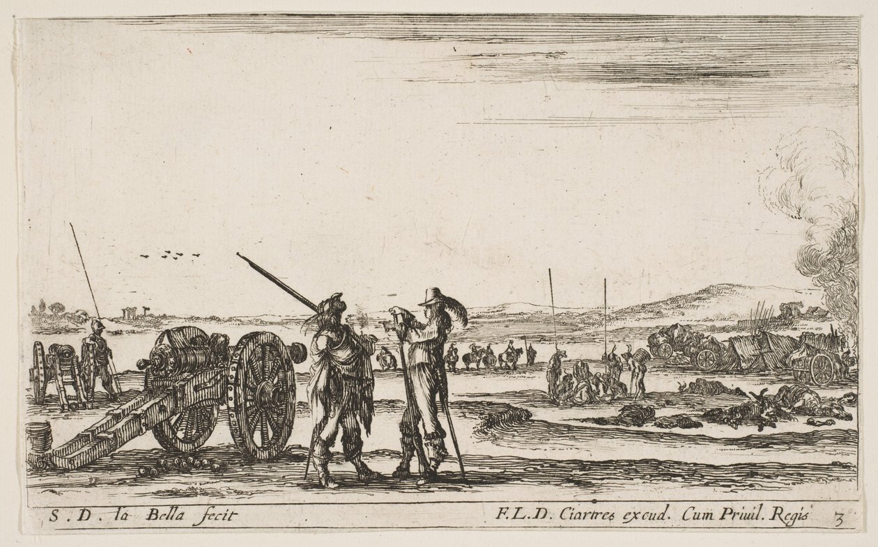 Skylt 3: En officer som ger order till en soldat i mitten av förgrunden, kanon till vänster, av..., ca. 1641. av Stefano della Bella