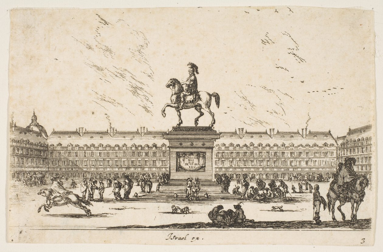 Skylt 3: La Place Royale, ryttarstaty av Ludvig XIII i profil vänd till vänster i ce..., 1642. av Stefano della Bella