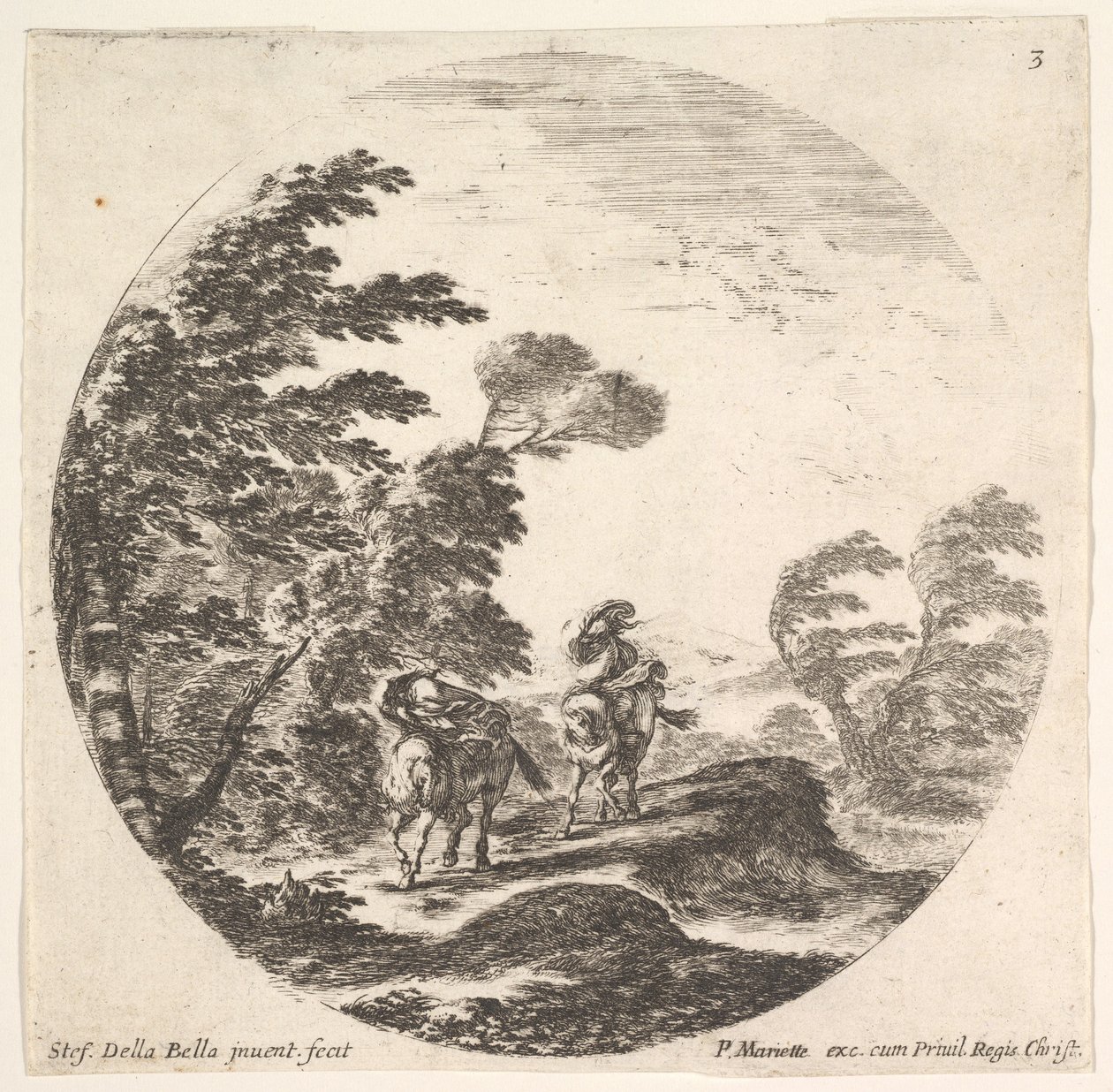 Plåt 3: kuling i skogen, två ryttare insvepta i sina kappor, vinden är bl..., ca. 1643-48. av Stefano della Bella