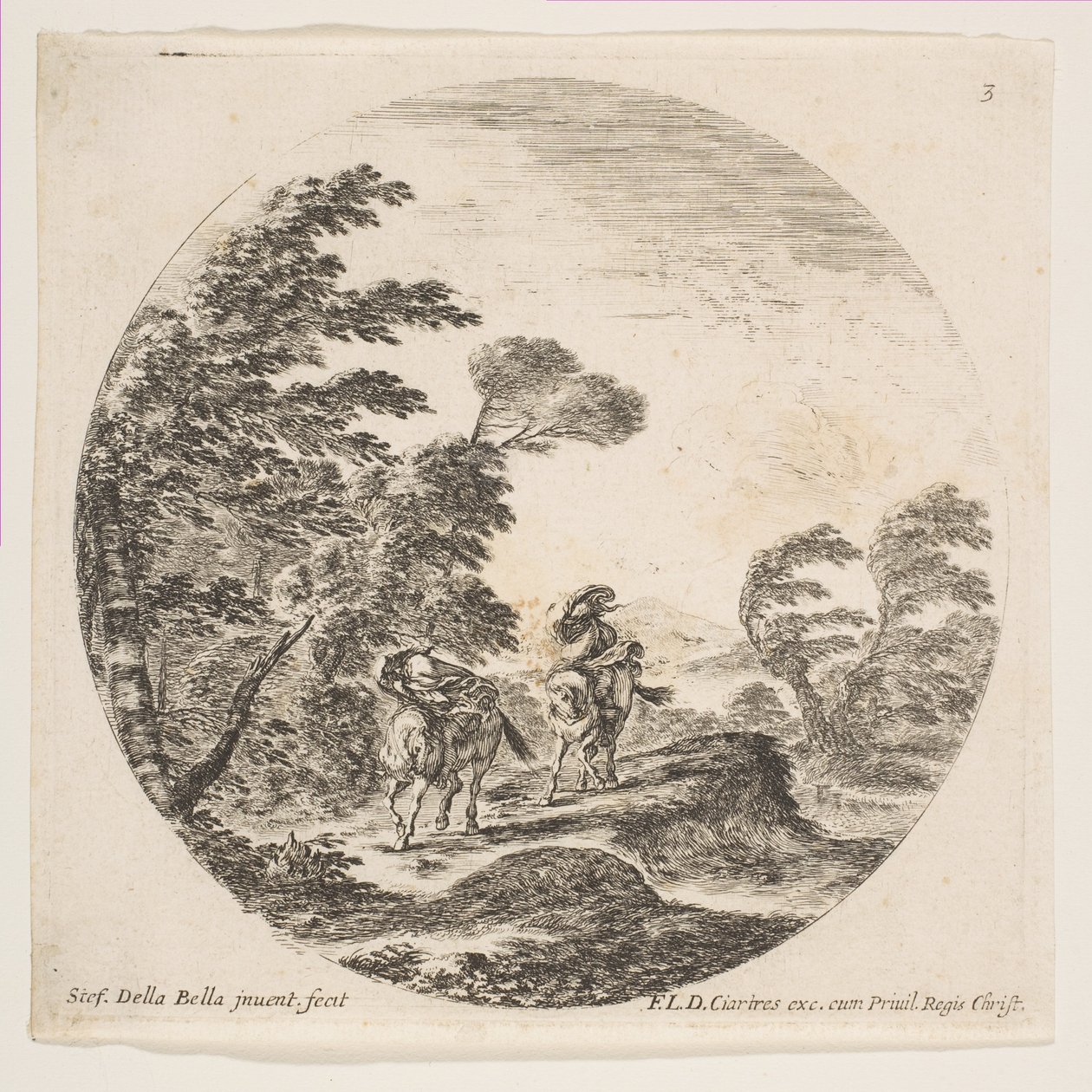 Tavla 3: en kuling i skogen, två ryttare insvepta i sina kappor, med vinden blåsa..., ca. 1646. av Stefano della Bella