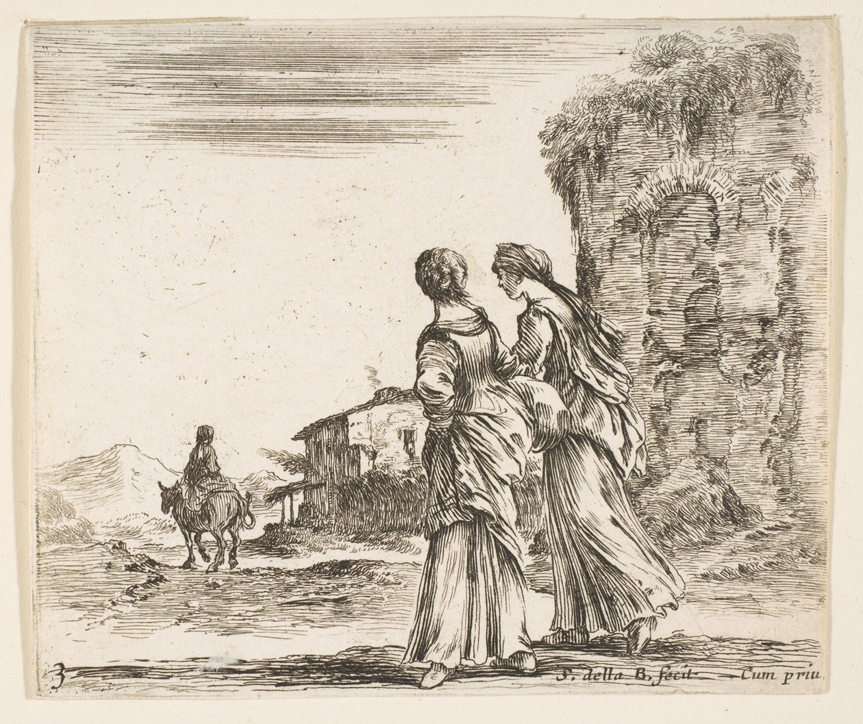 Plåt 3: två flickor som går åt vänster, sedd bakifrån, en kvinna på en häst t..., ca. 1644-47. av Stefano della Bella
