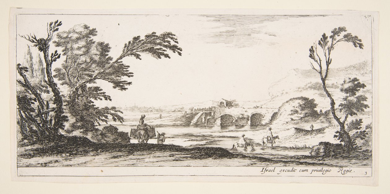 Plåt 3: två ryttare som korsar en flod till höger, en kvinna med två korgar ovanpå en åsna..., ca. 1641. av Stefano della Bella
