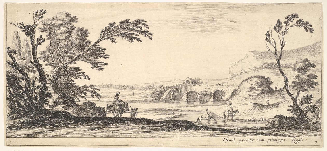 Plåt 3: två ryttare som korsar en flod till höger, en kvinna med två korgar ovanpå en åsna..., ca. 1641. av Stefano della Bella
