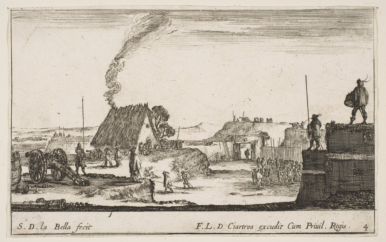 Plåt 4: Ett militärläger med en soldat som står på en bröstvärn till höger..., ca. 1641. av Stefano della Bella