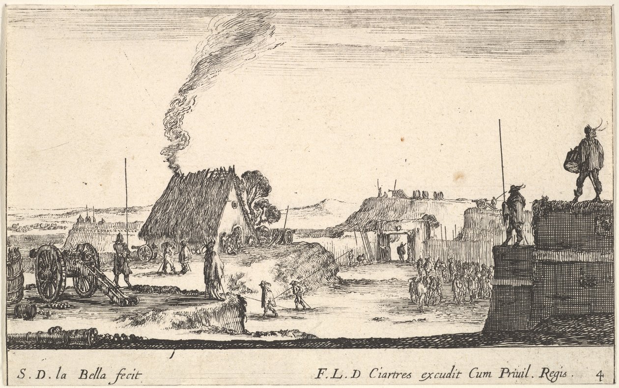 Plåt 4: Ett militärläger med en soldat som står på en bröstvärn till höger..., ca. 1641. av Stefano della Bella
