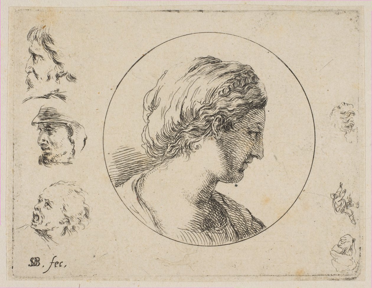 Tavla 4: Head of a Woman in Profile, från andra samlingen av olika doodles och et..., ca. 1646. av Stefano della Bella
