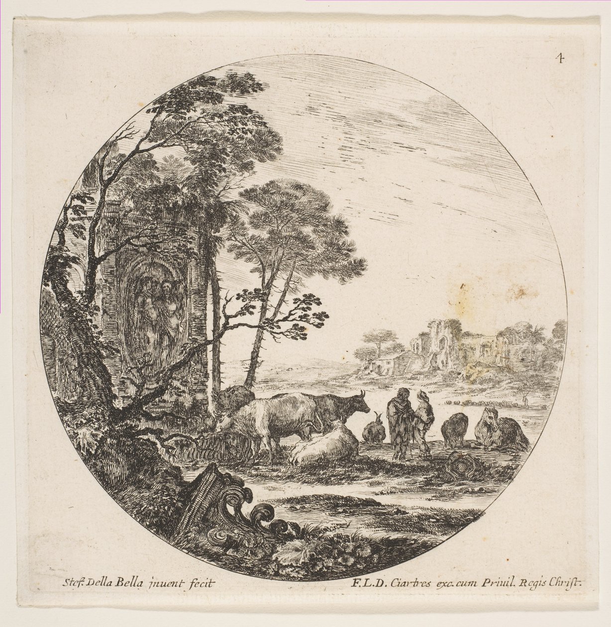 Plåt 4: en korintisk huvudstad på marken till vänster, ett monument med figurer i låg re..., ca. 1646. av Stefano della Bella
