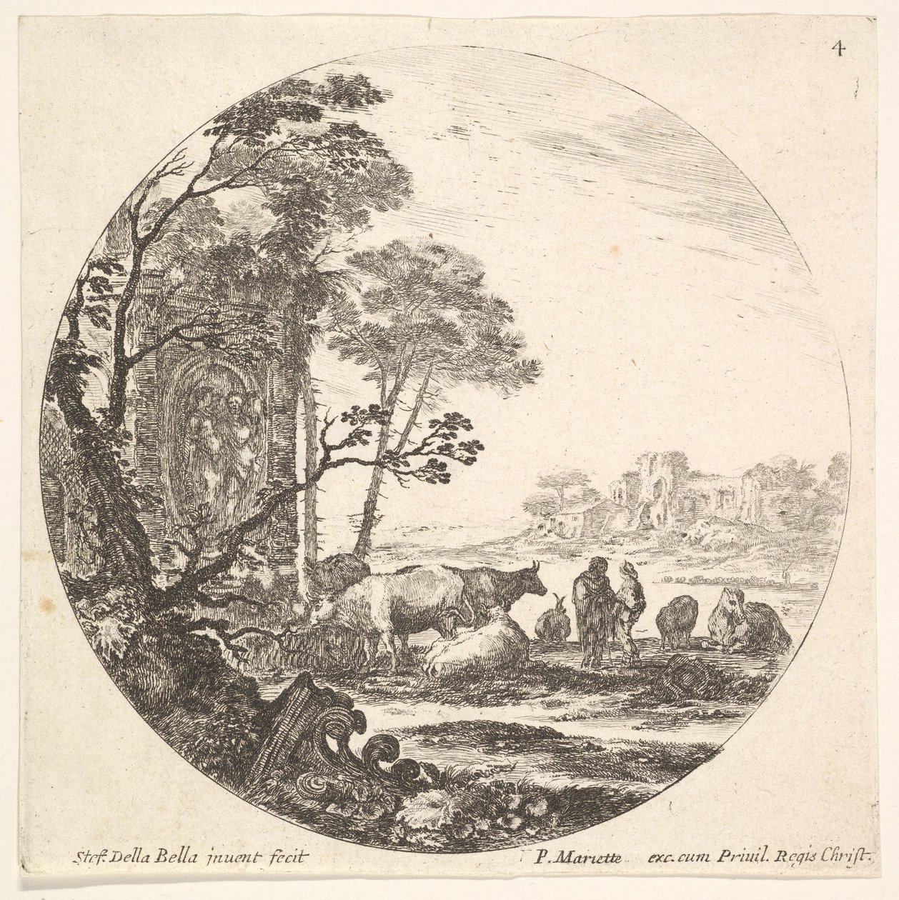 Plåt 4: en korintisk huvudstad på marken till vänster i förgrunden, ett monument med..., ca. 1643-48. av Stefano della Bella