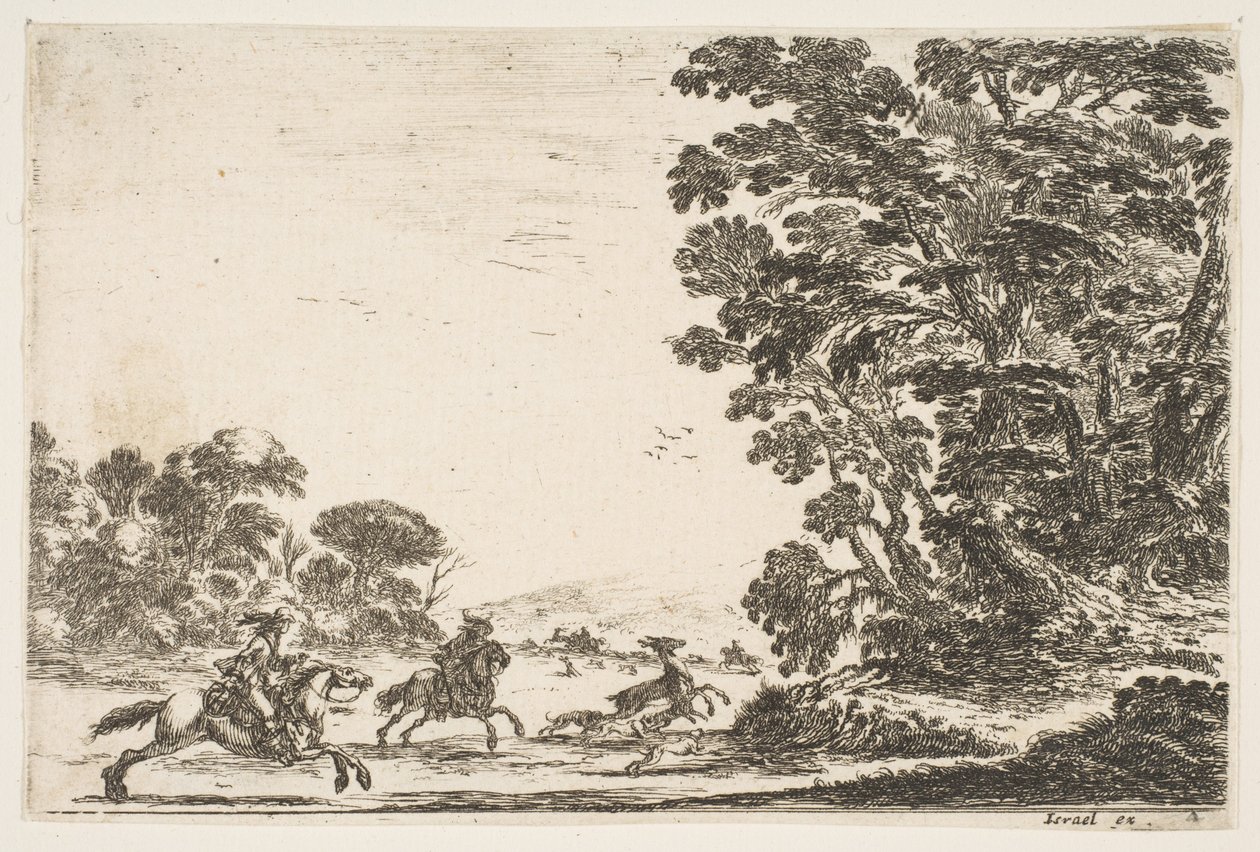 Plåt 4: en hjortjakt, två ryttare galopperande till vänster bakom tre hundar och en hjort..., 1642. av Stefano della Bella