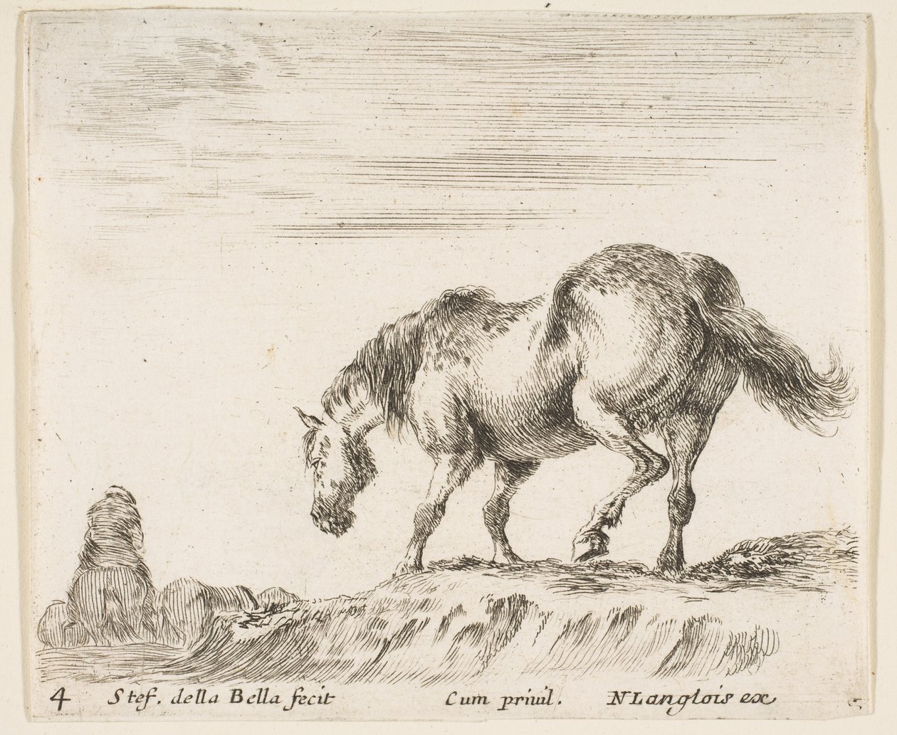 Plåt 4: en häst i profil vänd åt vänster, på väg att gå ner från en hög, en häst..., ca. 1644-47. av Stefano della Bella