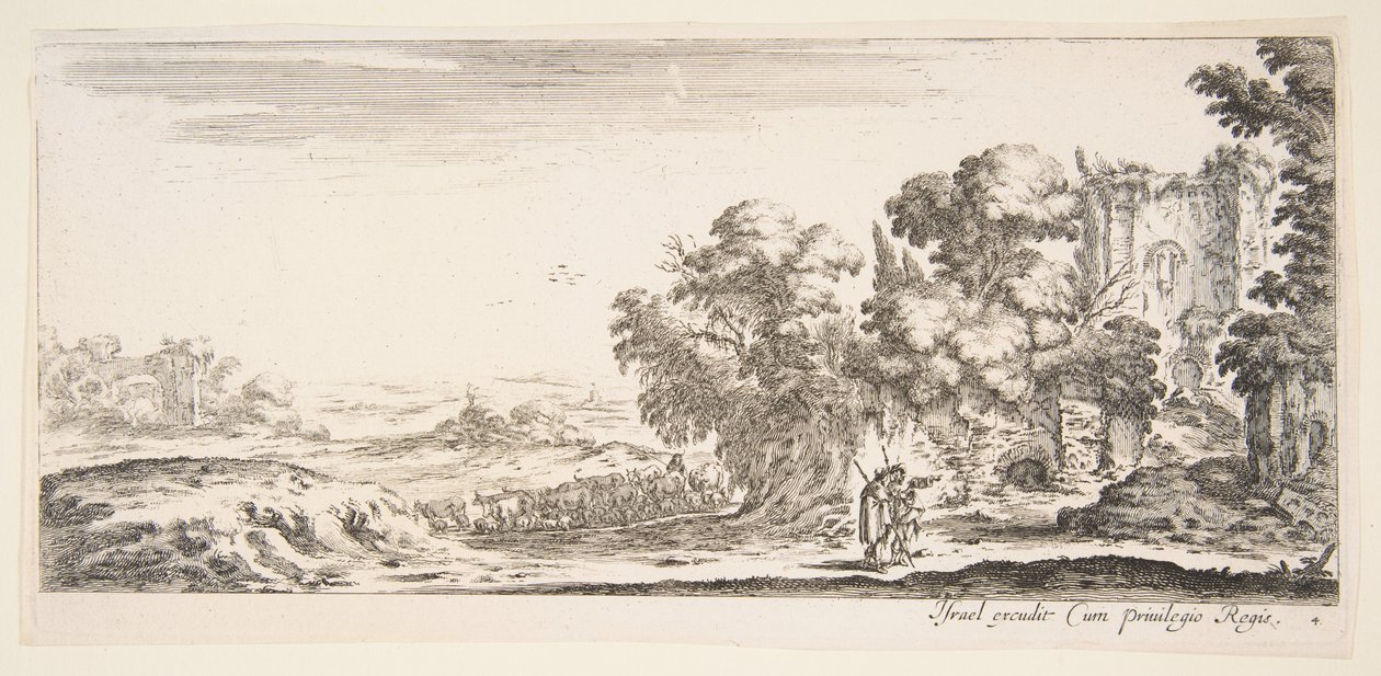 Plåt 4: två pilgrimer som observerar ruiner till höger, en pekar åt höger, ett får..., ca. 1641. av Stefano della Bella
