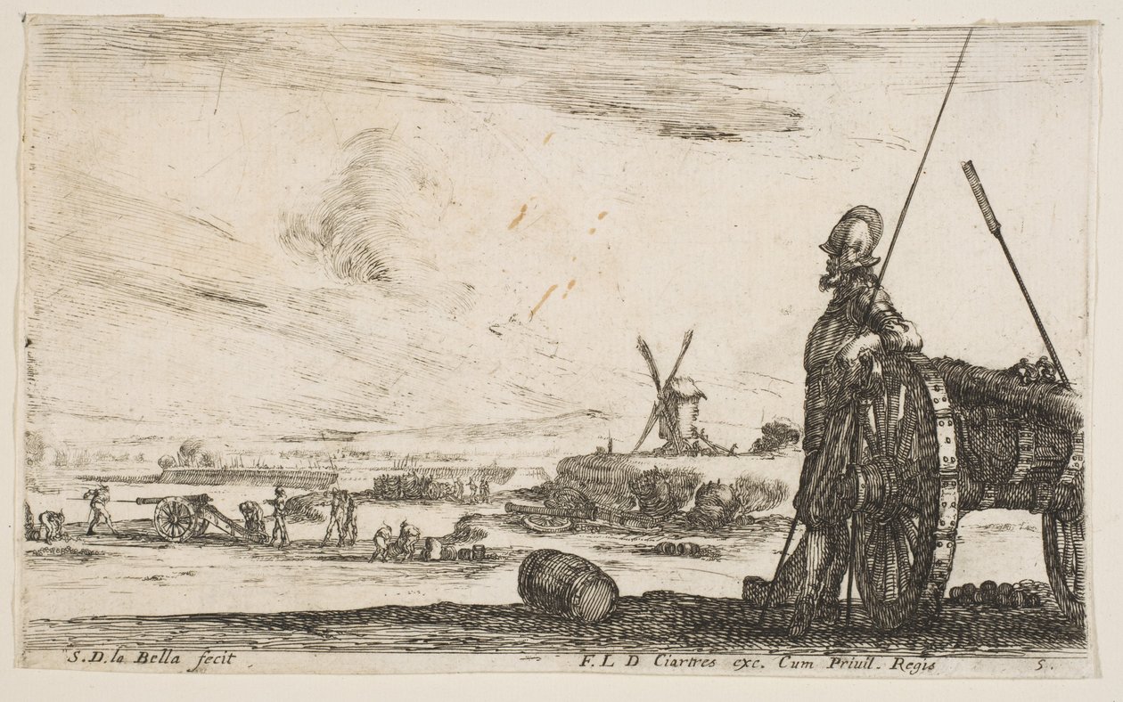 Plåt 5: En Pikeman som står bredvid en kanon, andra militära figurer..., ca. 1641. av Stefano della Bella