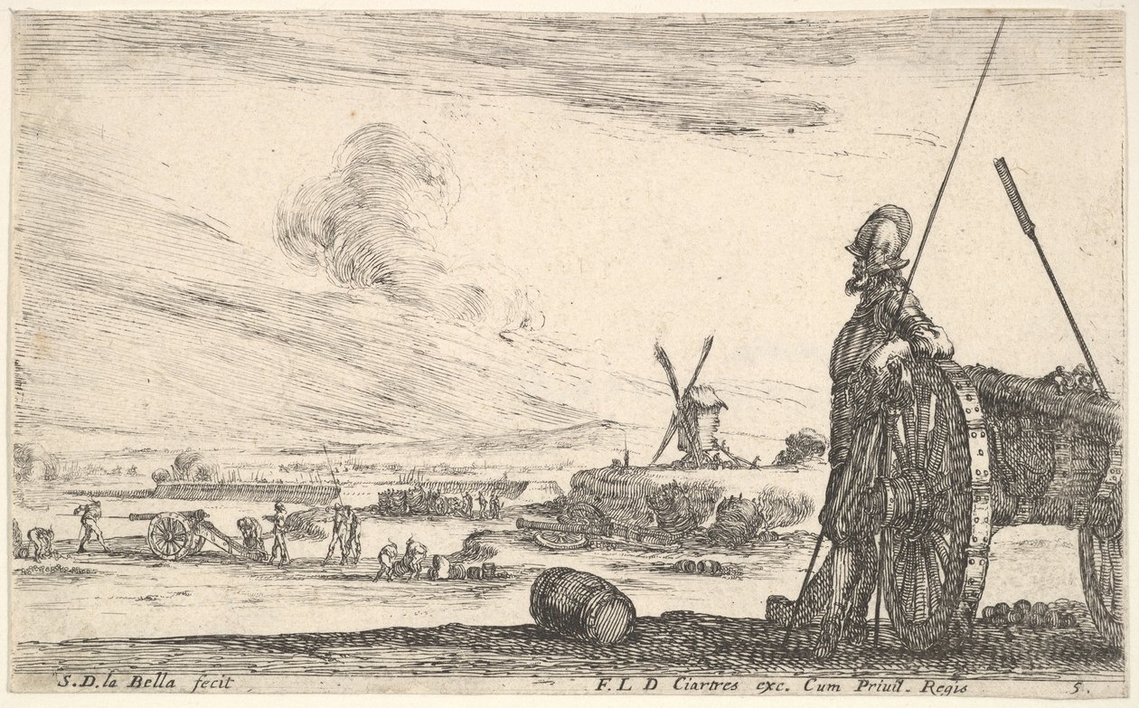 Plåt 5: En Pikeman stående precis bredvid en kanon, andra militära figurer i ba..., ca. 1641. av Stefano della Bella