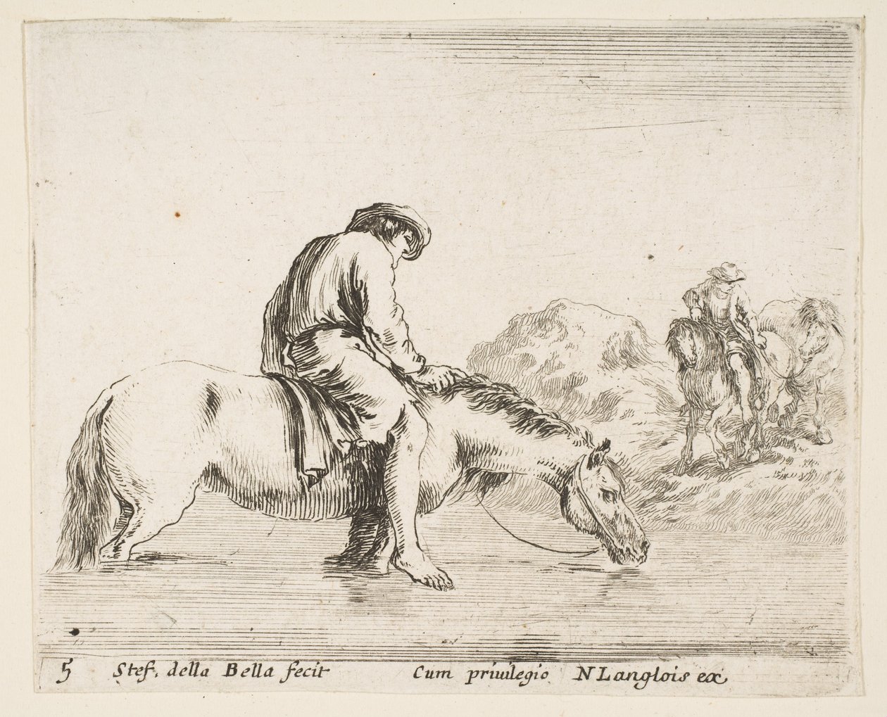 Plåt 5: en barfota bonde till häst som korsar en flod, en annan bonde till häst..., ca. 1644-47. av Stefano della Bella