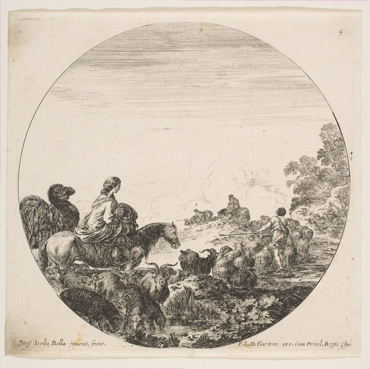 Plåt 5: en kvinna som bär ett barn på en häst till vänster, en kamel som följer efter henne, en flock..., ca. 1646. av Stefano della Bella