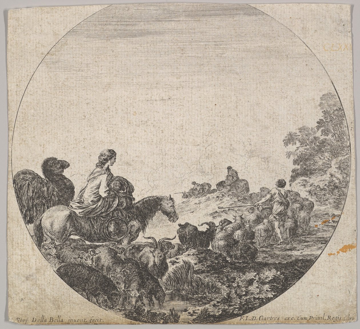Plåt 5: en kvinna som bär ett barn på en häst till vänster, en kamel som följer efter henne, en flock..., ca. 1643-48. av Stefano della Bella